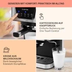 Arabica Espressomaschine 1050W 15 Bar 1,5l Touch-Bedienfeld Edelstahl 12 Arabica Espressomaschine 1050W 15 Bar 1,5l Touch-Bedienfeld Edelstahl -Klarstein 10033729 de 0003 usp