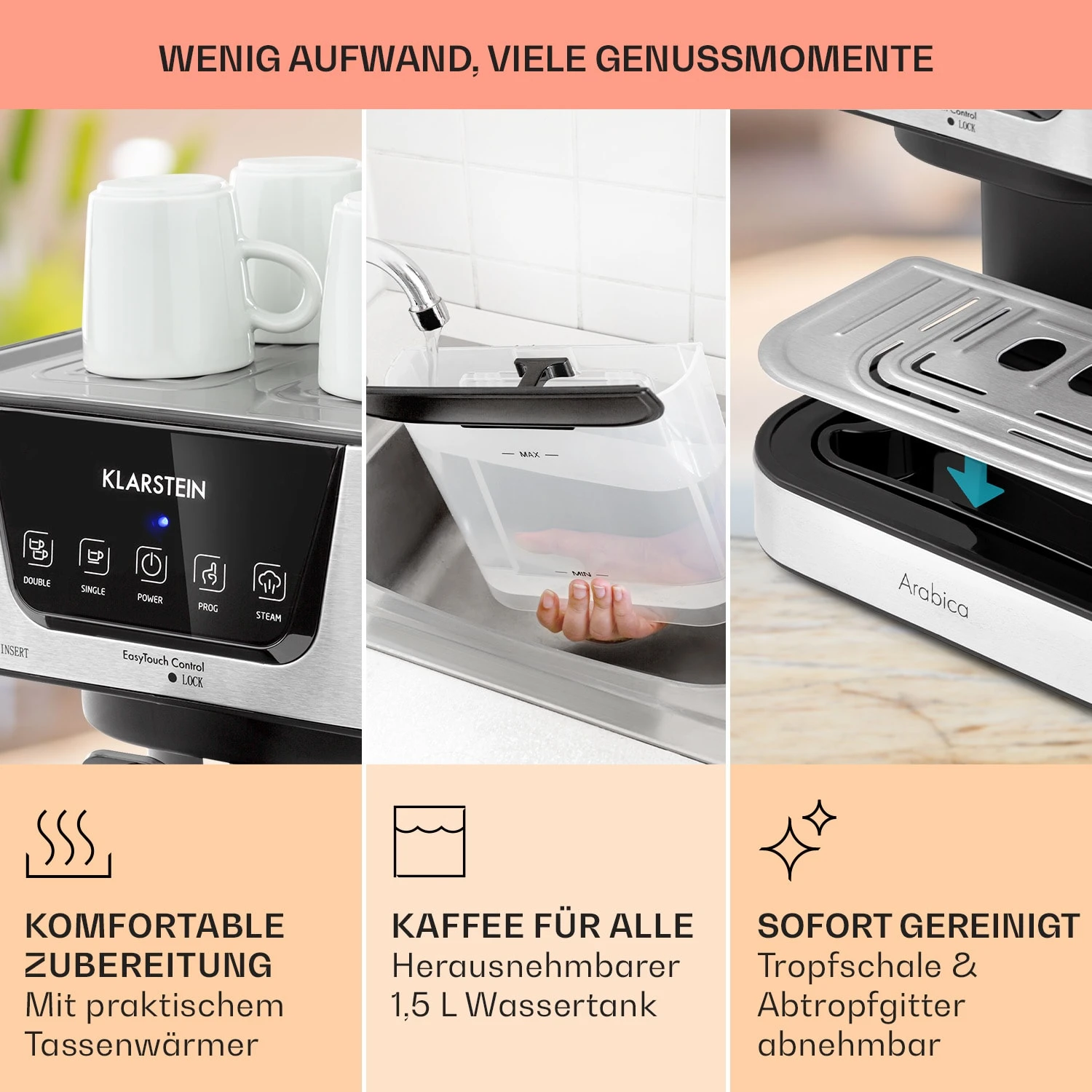 Arabica Espressomaschine 1050W 15 Bar 1,5l Touch-Bedienfeld Edelstahl 8 Arabica Espressomaschine 1050W 15 Bar 1,5l Touch-Bedienfeld Edelstahl – Bild 6