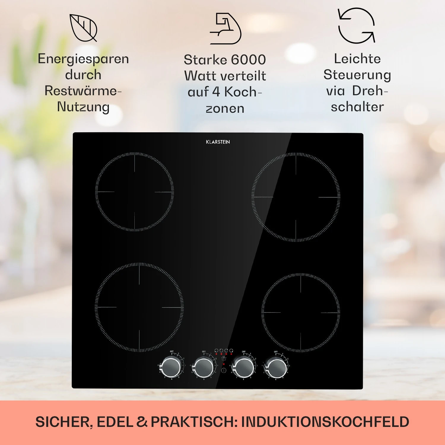 Kochheld 4-Zonen-Induktionskochfeld 6000W Dreh-Regler Glas Schwarz 4 Kochheld 4-Zonen-Induktionskochfeld 6000W Dreh-Regler Glas Schwarz – Bild 2