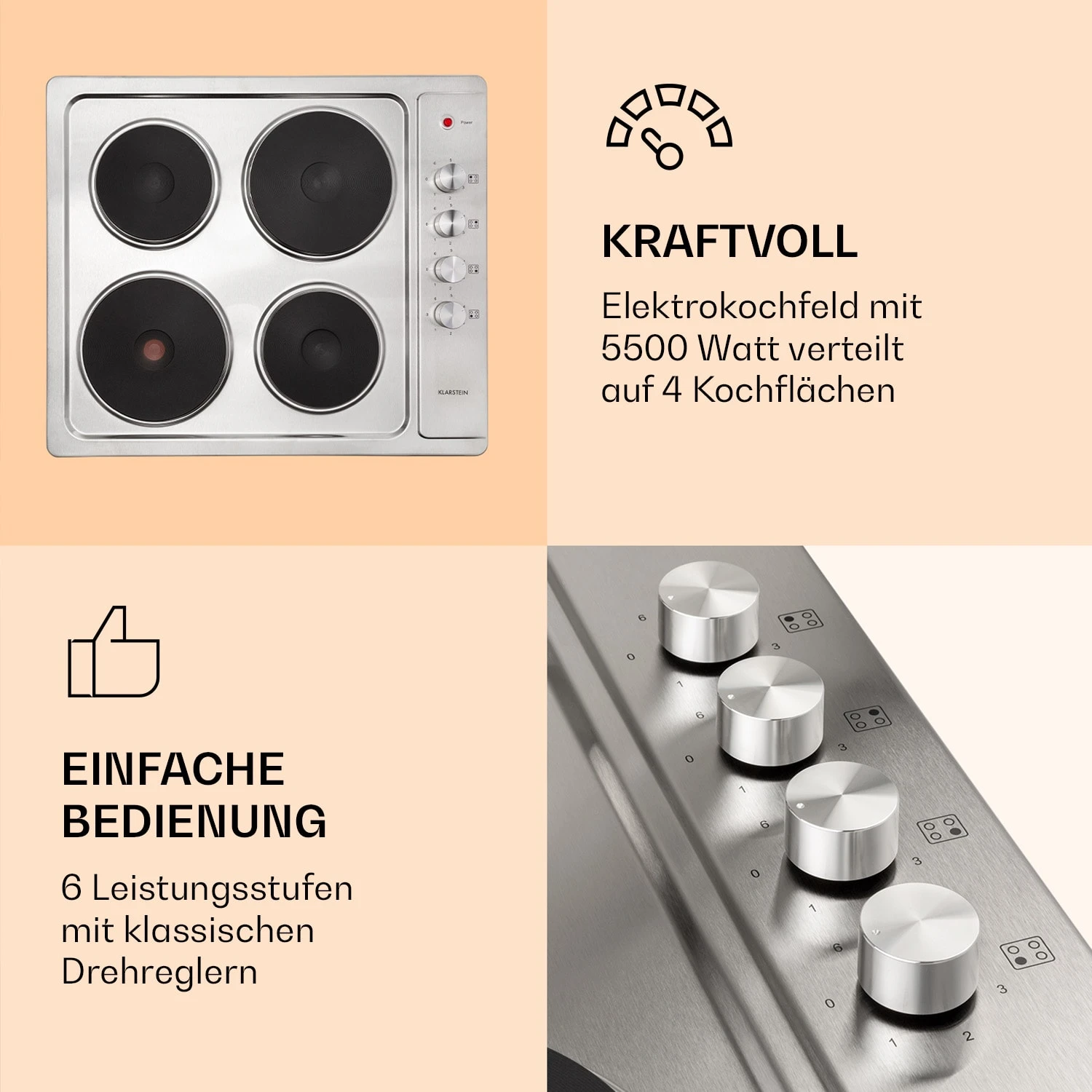 Appetito 4 Elektrokochfeld 4 Platten 6 Stufen 5500 Watt Edelstahl 5 Appetito 4 Elektrokochfeld 4 Platten 6 Stufen 5500 Watt Edelstahl – Bild 3