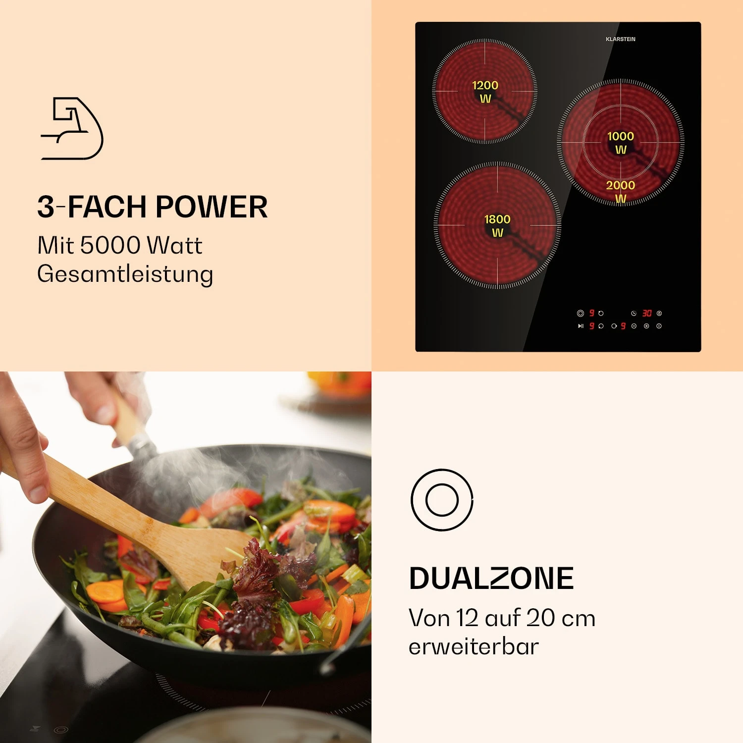 Virtuosa 3 Slim Kochfeld 3 Felder 5000 W Dualzone Timer Keramik 5 Virtuosa 3 Slim Kochfeld 3 Felder 5000 W Dualzone Timer Keramik – Bild 3