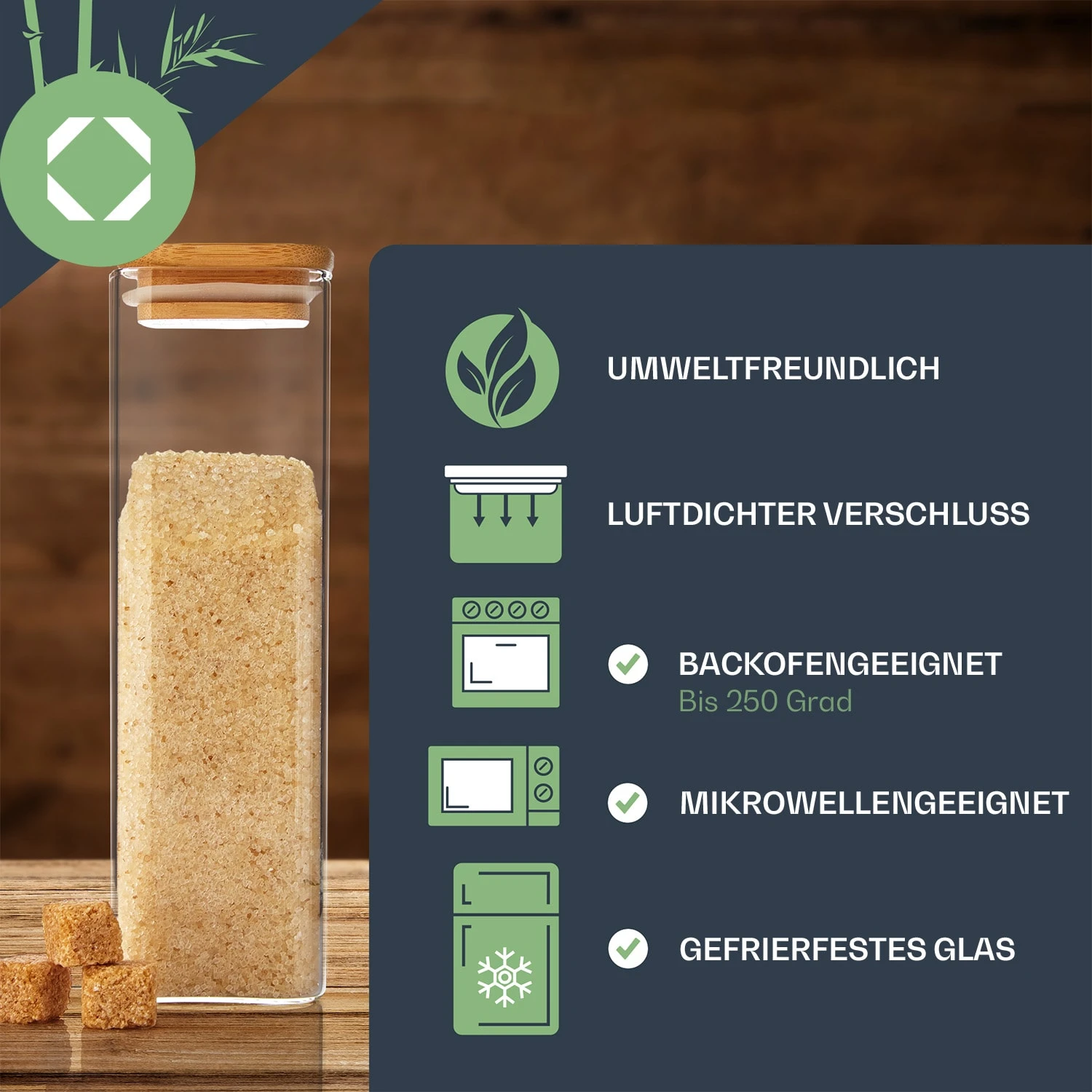 Eckiges Glas Mit Bambusdeckel Luftdicht Mit Silikonring 10x25x10 Cm 3x 2000 Ml 7 Eckiges Glas Mit Bambusdeckel Luftdicht Mit Silikonring 10x25x10 Cm 3x 2000 Ml – Bild 5