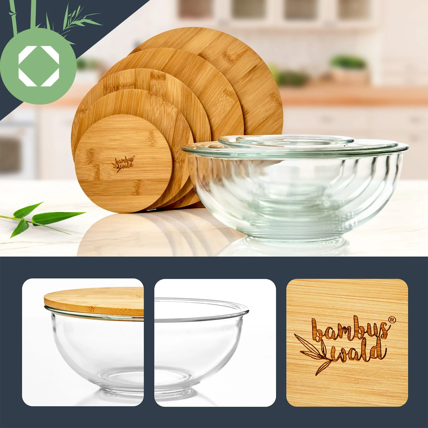 Glasschüssel 5er-Set Bambusdeckel Verschließbar BPA-frei Stapelbar 4 Glasschüssel 5er-Set Bambusdeckel Verschließbar BPA-frei Stapelbar – Bild 2