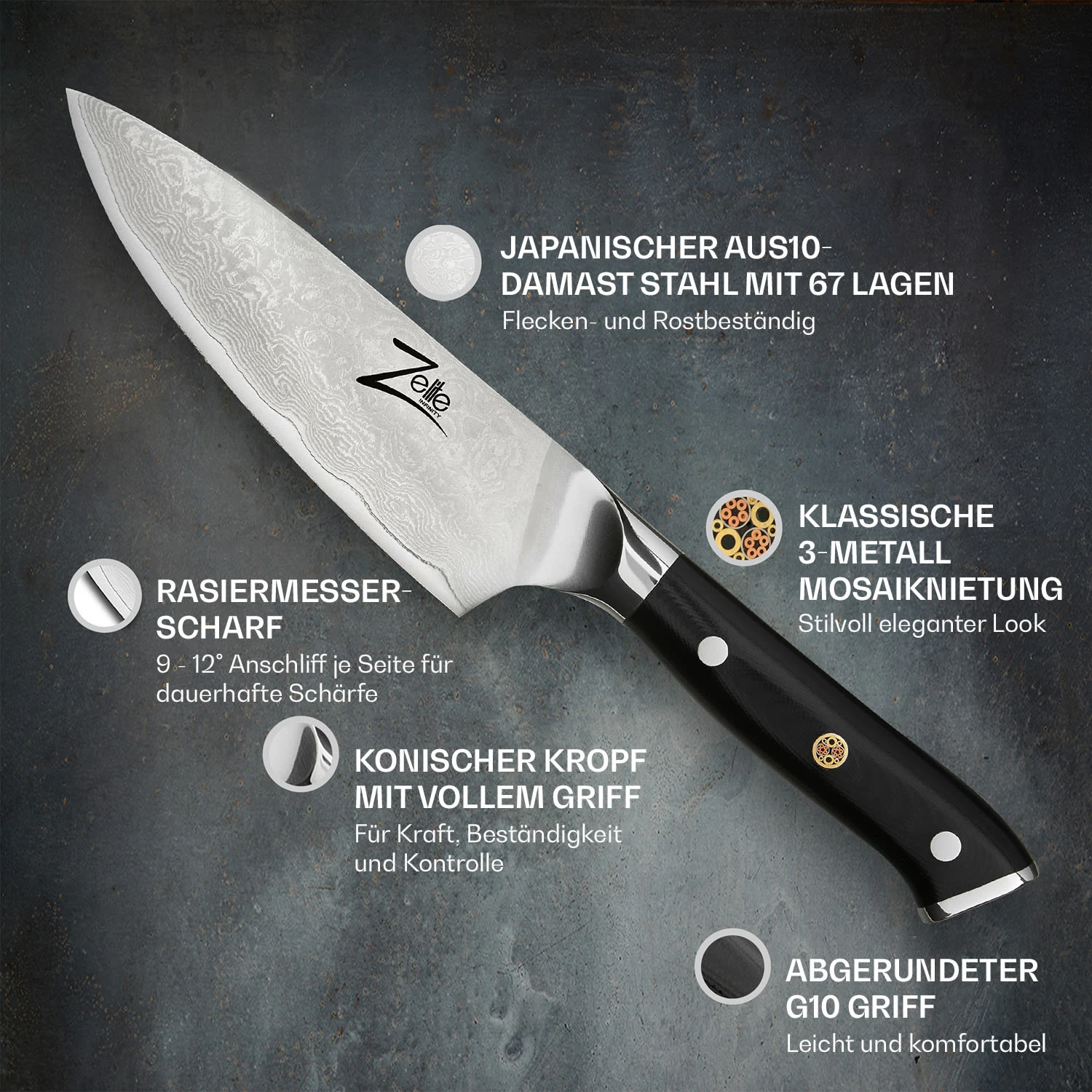 Alpha-Royal Japanese Serie 6" Chefkochmesser Damaszener-Stahl 4 Alpha-Royal Japanese Serie 6" Chefkochmesser Damaszener-Stahl – Bild 2