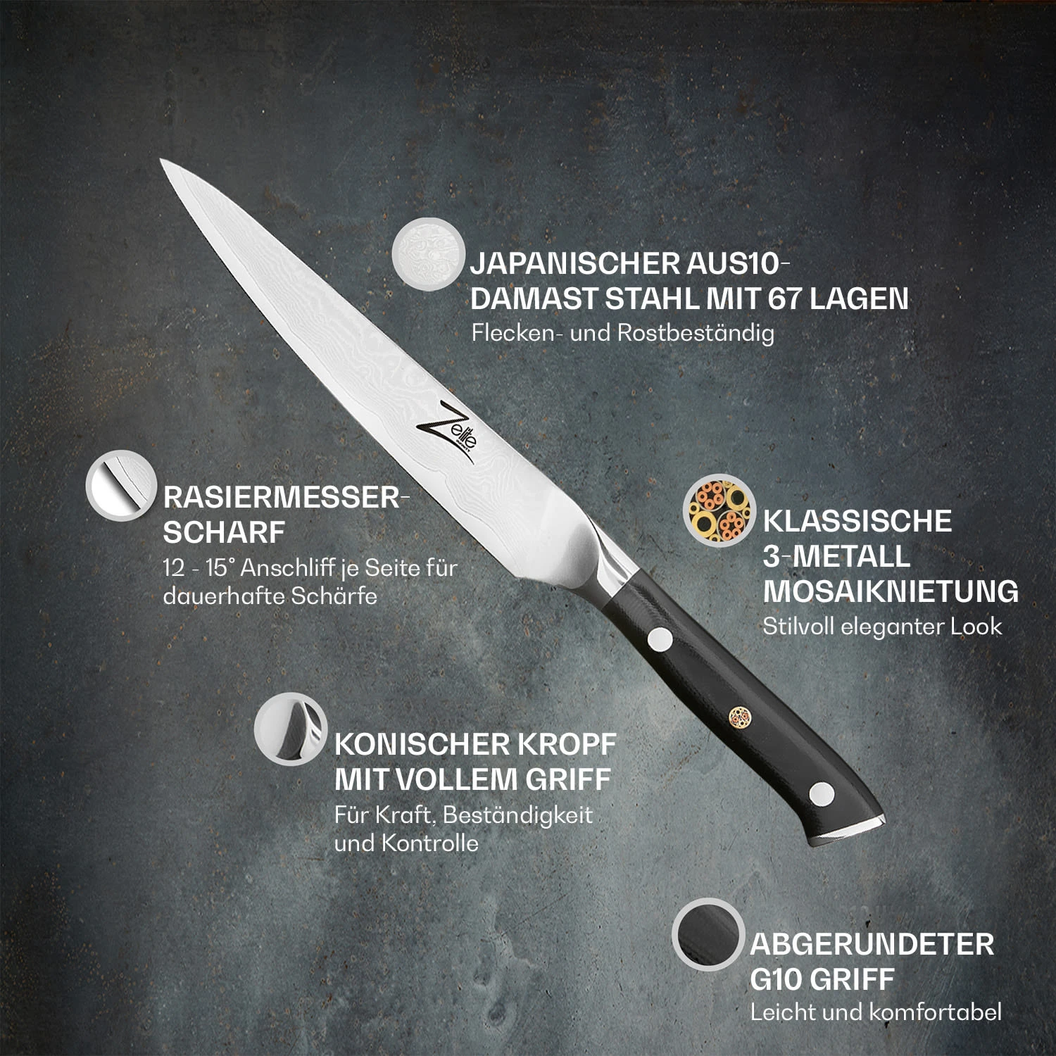 Alpha-Royal Japanese Serie 6" Allzweckmesser Damaszener-Stahl 67-lagig 4 Alpha-Royal Japanese Serie 6" Allzweckmesser Damaszener-Stahl 67-lagig – Bild 2