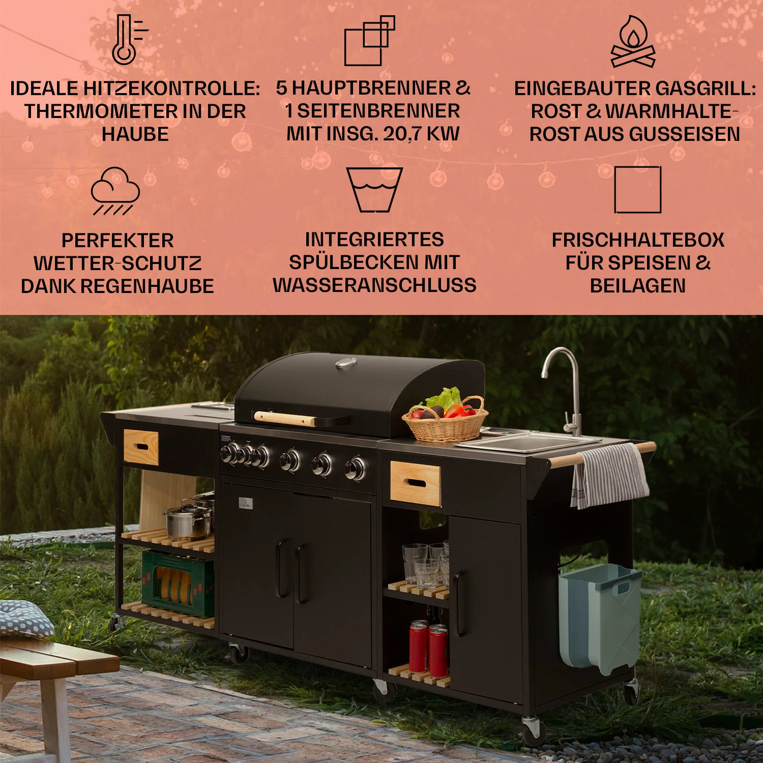 Jersey Outdoor Kitchen Gasgrill Spüle 20,7 KW 5+1 Brenner Mobil 4 Jersey Outdoor Kitchen Gasgrill Spüle 20,7 KW 5+1 Brenner Mobil – Bild 2