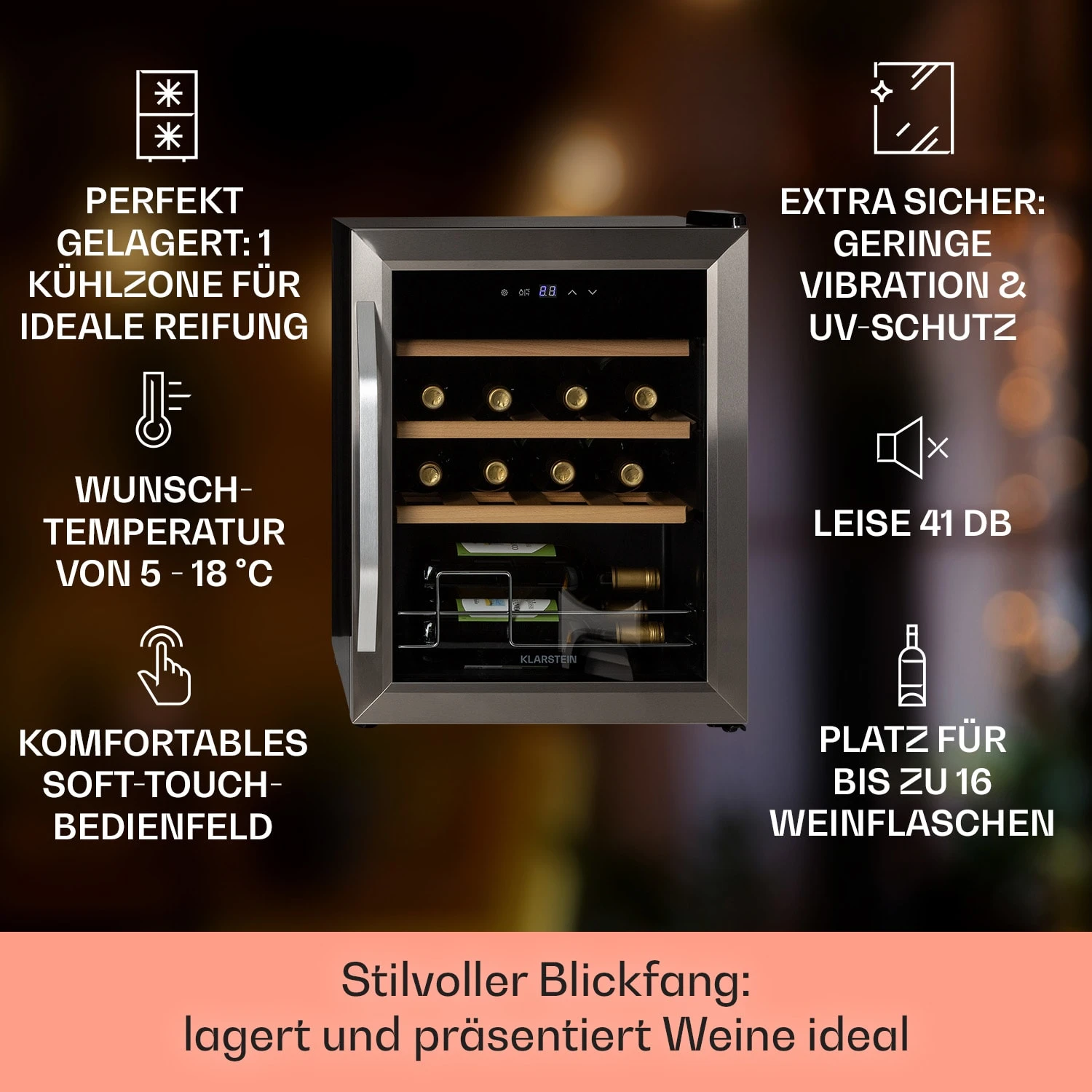 Vinamour 16 Uno Weinkühlschrank 16Fl./42l 5-18°C 41dB Glas 4 Vinamour 16 Uno Weinkühlschrank 16Fl./42l 5-18°C 41dB Glas – Bild 2
