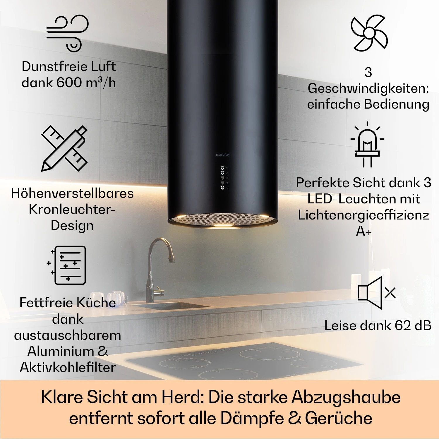 Bolea Inselabzugshaube Ø38cm Ab-/Umluft 600m³/h LED Inkl. Aktivkohlefilter 4 Bolea Inselabzugshaube Ø38cm Ab-/Umluft 600m³/h LED Inkl. Aktivkohlefilter – Bild 2