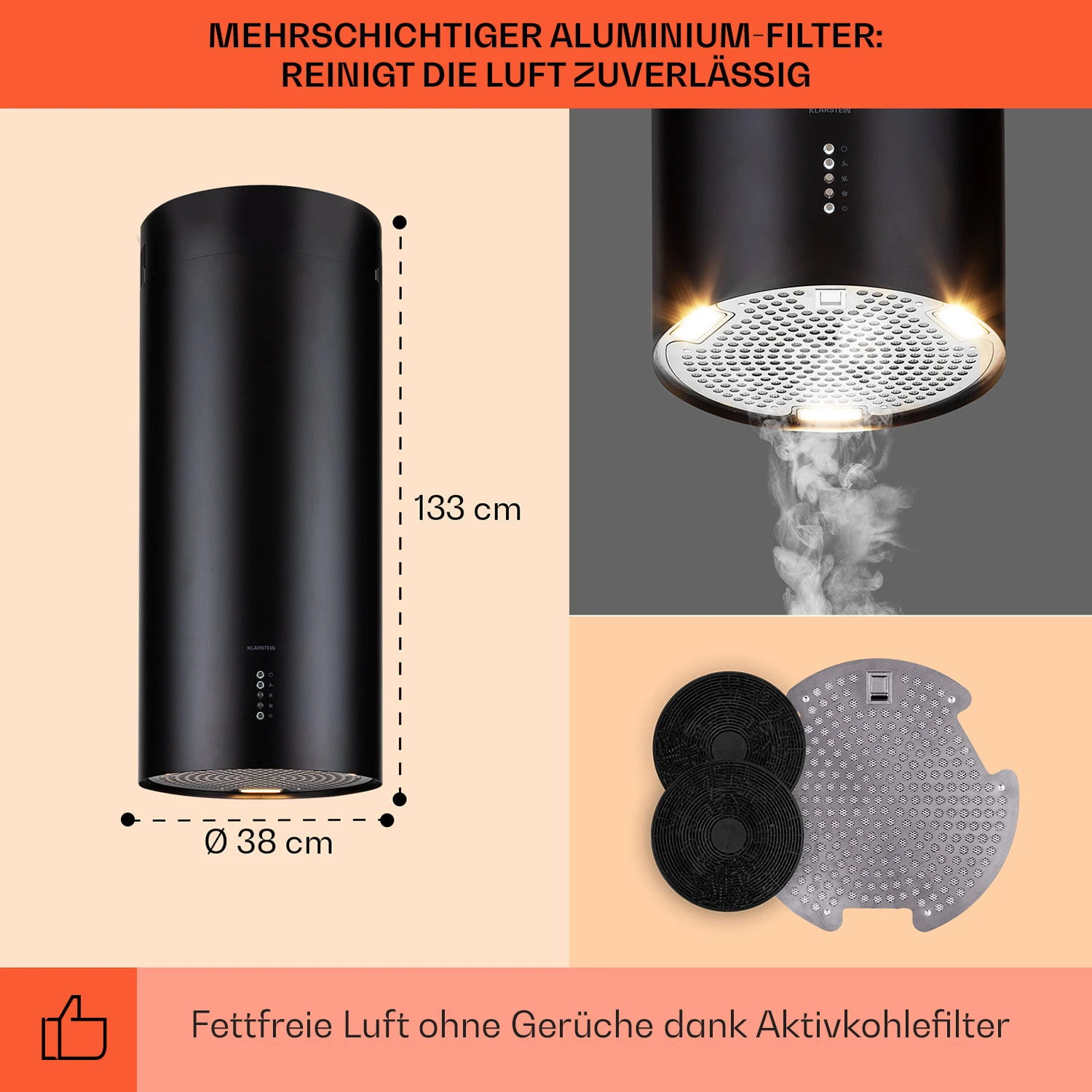 Bolea Inselabzugshaube Ø38cm Ab-/Umluft 600m³/h LED Inkl. Aktivkohlefilter 7 Bolea Inselabzugshaube Ø38cm Ab-/Umluft 600m³/h LED Inkl. Aktivkohlefilter – Bild 5