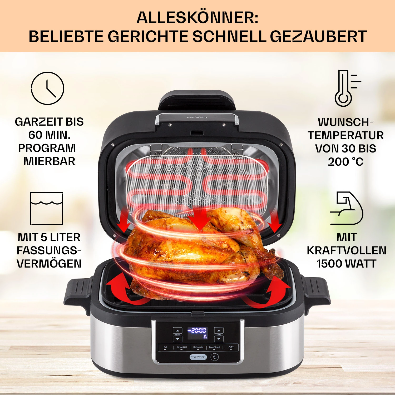 Combo Air Grill-Heißluftfritteuse 5 Programme 1500 Watt 4,5 L Grillkorb 2,5 L Frittierkorb 4 Combo Air Grill-Heißluftfritteuse 5 Programme 1500 Watt 4,5 L Grillkorb 2,5 L Frittierkorb – Bild 2