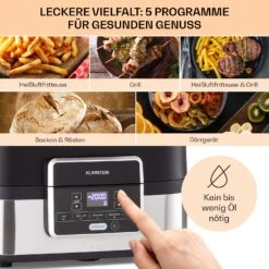 Combo Air Grill-Heißluftfritteuse 5 Programme 1500 Watt 4,5 L Grillkorb 2,5 L Frittierkorb 11 Combo Air Grill-Heißluftfritteuse 5 Programme 1500 Watt 4,5 L Grillkorb 2,5 L Frittierkorb -Klarstein 10041330 de 0003 usp