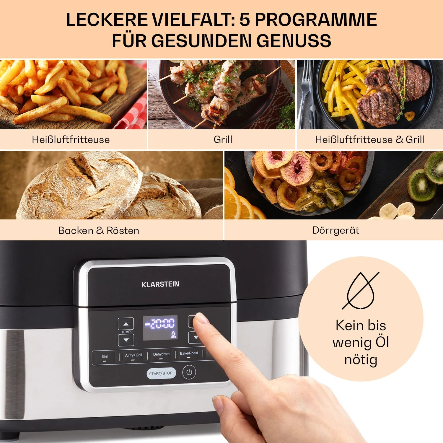 Combo Air Grill-Heißluftfritteuse 5 Programme 1500 Watt 4,5 L Grillkorb 2,5 L Frittierkorb 5 Combo Air Grill-Heißluftfritteuse 5 Programme 1500 Watt 4,5 L Grillkorb 2,5 L Frittierkorb – Bild 3