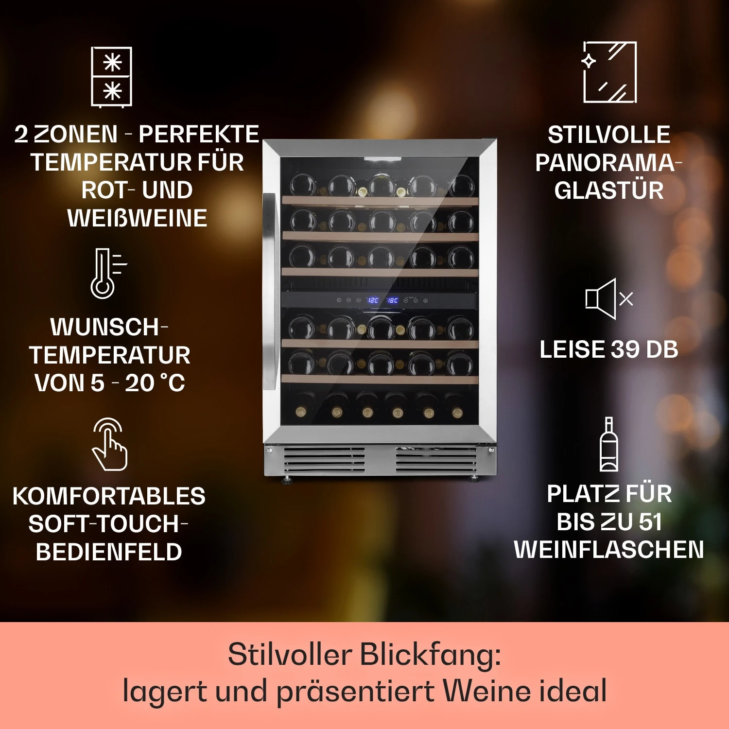 Vinovilla 50 Duo Zweizonen-Weinkühlschrank 53l 17 Fl. 3-Farben Glastür 4 Vinovilla 50 Duo Zweizonen-Weinkühlschrank 53l 17 Fl. 3-Farben Glastür – Bild 2